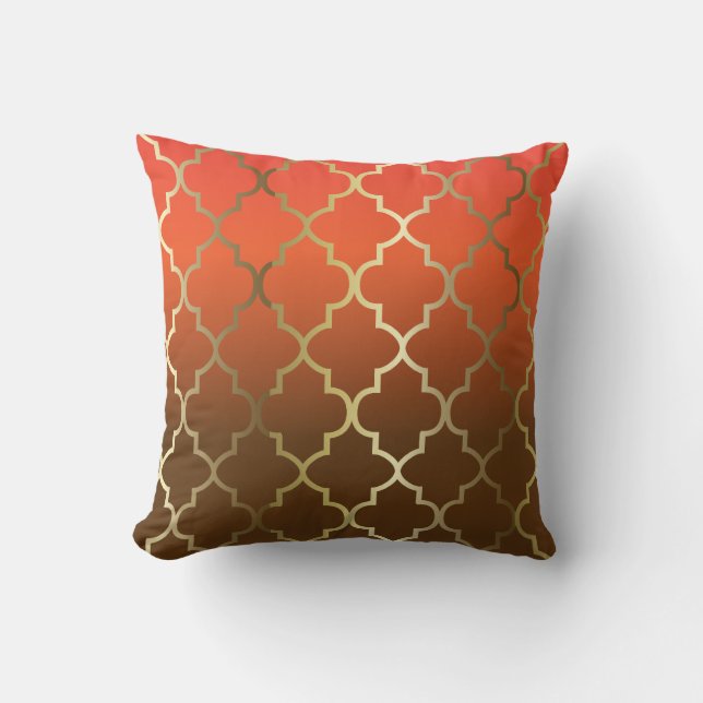 Oranje en bruin mengsel | Gold Quatrefoil Patroon Kussen (Voorkant)