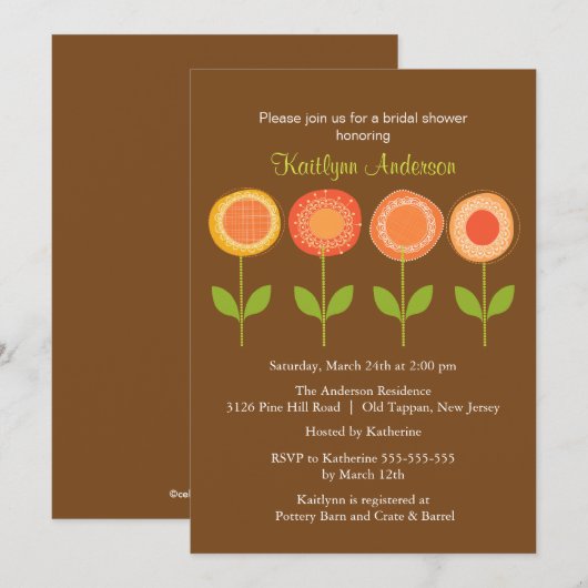 Oranje en bruine bloei-bridale Shower-uitnodiging Kaart (Voorkant / Achterkant)