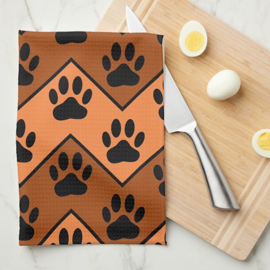 Oranje en bruine Chevron met een hond met een heup Theedoek (Quarter Fold)