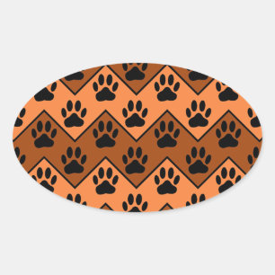 Oranje en bruine Chevron met een hond-paw-patroon Ovale Sticker