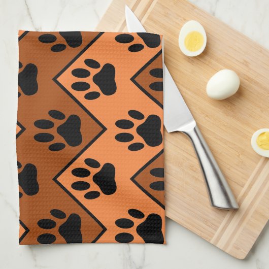 Oranje en bruine Chevron met een hond-paw-patroon Theedoek (Quarter Fold)