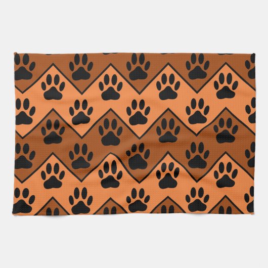 Oranje en bruine Chevron met een hond-paw-patroon Theedoek (Horizontaal)