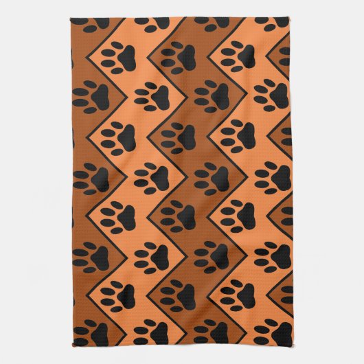 Oranje en bruine Chevron met een hond-paw-patroon Theedoek (Verticaal)