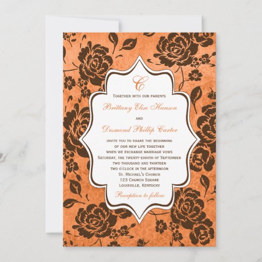 Oranje en bruine Floral Damask Wedding Uitnodiging (Voorkant)