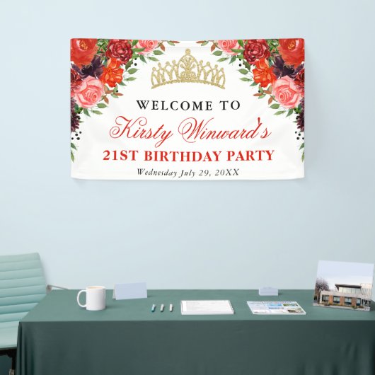 Oranje en bruine Herfst Bloemen Verjaardag Spandoek (Beurs)