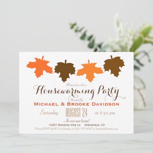 Oranje en bruine herfst verlaat housewarming party kaart (Staand voorkant)