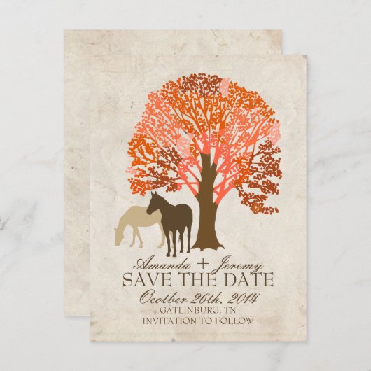 Oranje en bruine herfstpaarden sparen de datum aankondigingskaart (Voorkant / Achterkant)