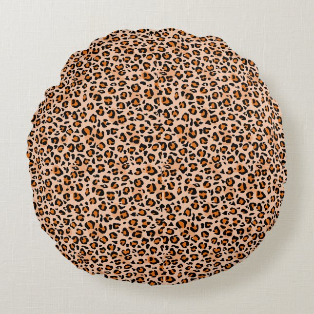 Oranje en bruine luipaardprint rond kussen (Voorkant)