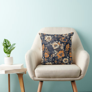 Oranje en Cream Batik Florals op zwarte achtergron Kussen
