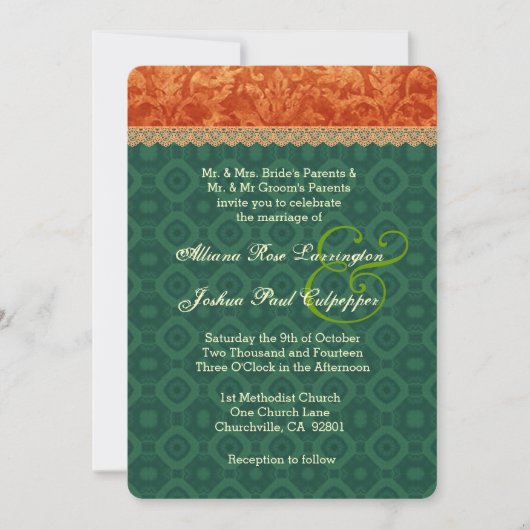 Oranje en Forest Green Damask Wedding V09 Kaart (Voorkant)
