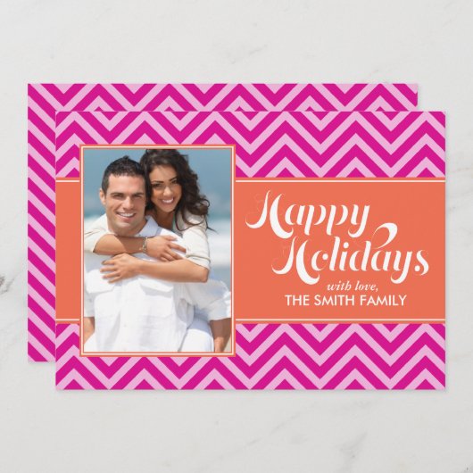 Oranje en Fuchsia Chevrons Holiday Kaarten (Voorkant / Achterkant)