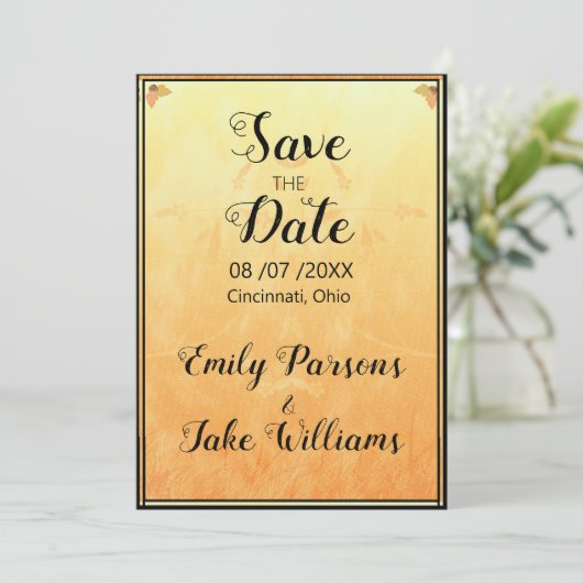 Oranje en geel achtergrondzwart Lijst Save The Date (Staand voorkant)