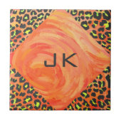 Oranje en geel afdrukken van leopard Monogram Tegeltje (Voorkant)