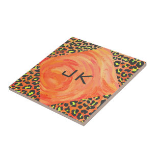 Oranje en geel afdrukken van leopard Monogram Tegeltje