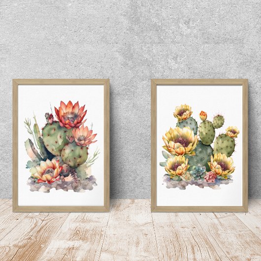 Oranje en geel bloeiende cactussen Waterverf Muurkunst Sets