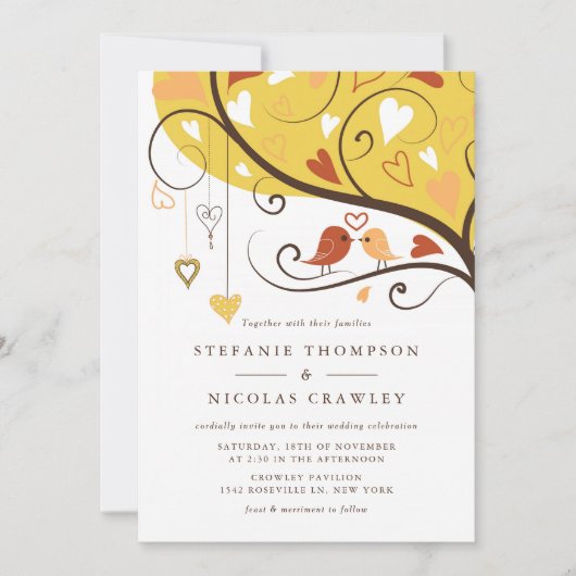 Oranje en gele grillige lovebirds bruiloft kaart (Voorkant)