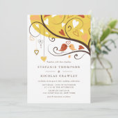 Oranje en gele grillige lovebirds bruiloft kaart (Staand voorkant)