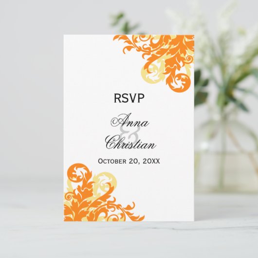 Oranje en gele herfst bruiloft RSVP kaarten (Staand voorkant)