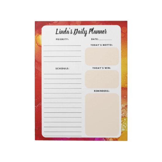 Oranje en gele marmer-laptop met dagelijkse taken notitieblok (Linkerzijde)