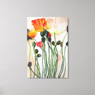 Oranje en gele papaver waterverf bloem kunst canvas afdruk