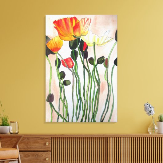 Oranje en gele papaver waterverf bloem kunst canvas afdruk (Insitu (Woonkamer))