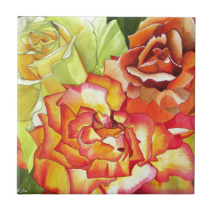 Oranje en gele rozen waterverf kunst tegeltje