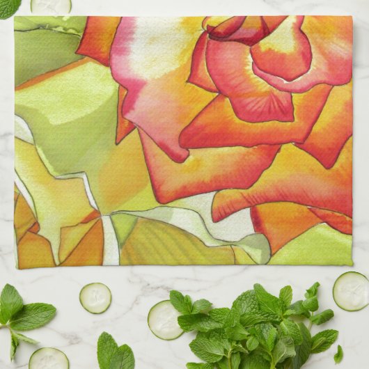 Oranje en gele rozen waterverf kunst theedoek (Gevouwen)