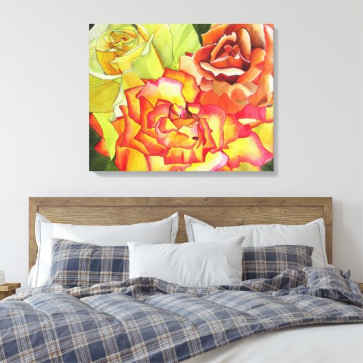 Oranje en gele rozenwaterverf originele kunst canvas afdruk (Insitu (Slaapkamer))