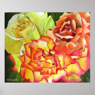 Oranje en gele rozenwaterverf originele kunst poster