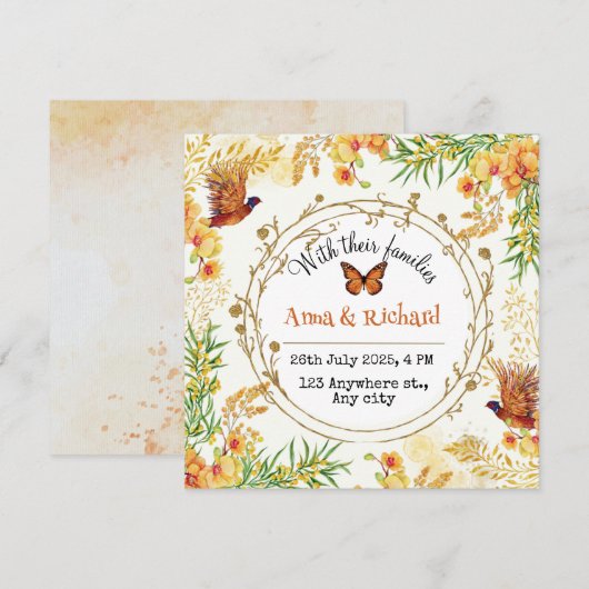 Oranje en gele waterverf bloemenblanco bruiloft feestdagenkaart (Voorkant / Achterkant)