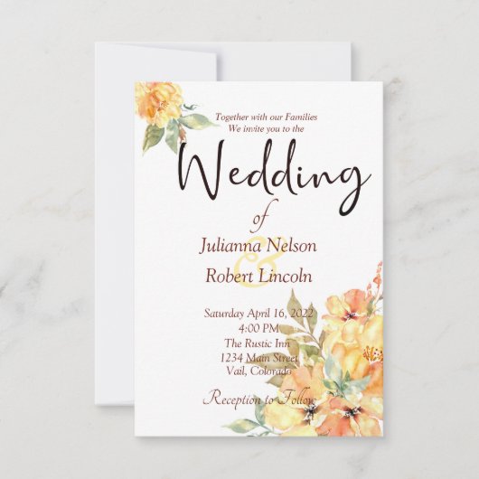 Oranje en gele waterverf florale bruiloft invita kaart (Voorkant)