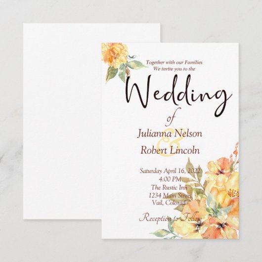 Oranje en gele waterverf florale bruiloft invita kaart (Voorkant / Achterkant)