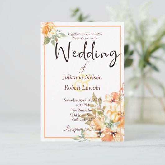 Oranje en gele waterverf florale bruiloft invita kaart (Staand voorkant)