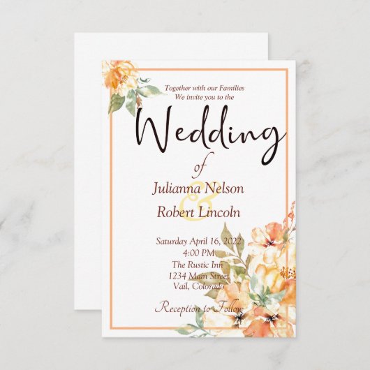 Oranje en gele waterverf florale bruiloft invita kaart (Voorkant / Achterkant)