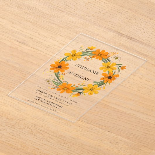 Oranje en Gele Wilde Bloemen Krans Bruiloft Acryl Uitnodigingen (Laagn)