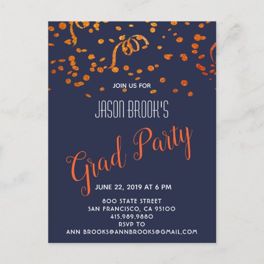 Oranje en gouden Confetti op zwart Aankondigingskaart (Voorkant)