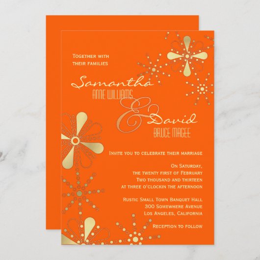Oranje en goudkleurig, geïnspireerd huwelijk kaart (Voorkant / Achterkant)