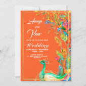 oranje en goudpacock Indian Wedding Invitation Kaart (Voorkant)