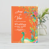 oranje en goudpacock Indian Wedding Invitation Kaart (Staand voorkant)