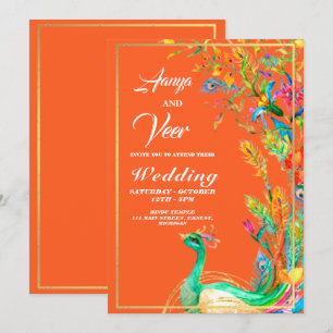 oranje en goudpacock Indian Wedding Invitation Kaart