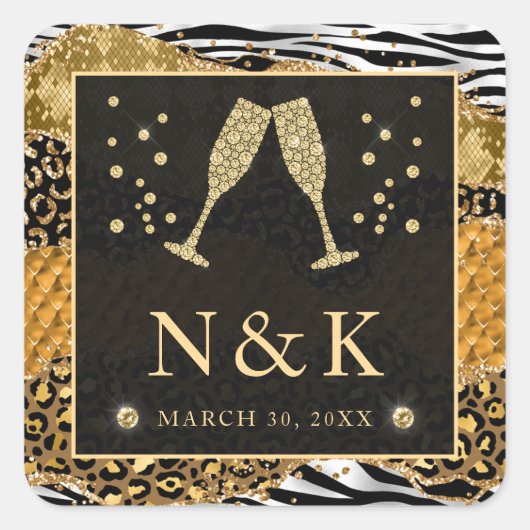 Oranje en goudvrij Oerwoud Glitter Agate Wedding Vierkante Sticker (Voorkant)