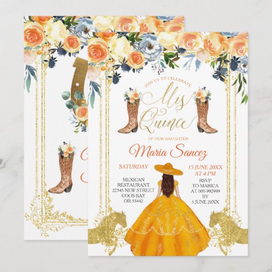 Oranje en goudWesterne Charra Mis Quince Invitati Kaart (Voorkant / Achterkant)