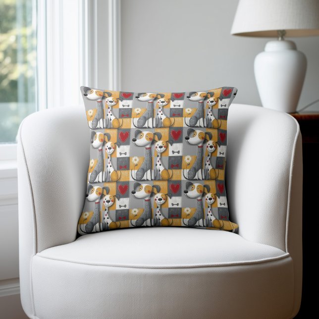 Oranje en Grijs Patchwork Hondenpatroon Kussen (Creator heeft geüpload)