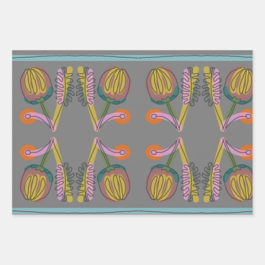 Oranje en grijze bloemenkunst en doodles inpakpapier vel (Voorkant 3)