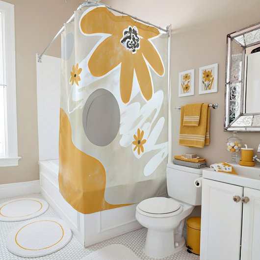 Oranje en grijze bloemenminimalistische kunst douchegordijn