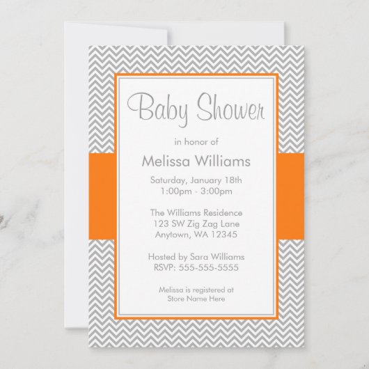 Oranje en grijze Chevron Baby Shower Invitaties Kaart (Voorkant)