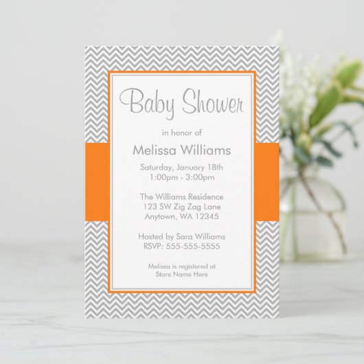 Oranje en grijze Chevron Baby Shower Invitaties Kaart (Staand voorkant)