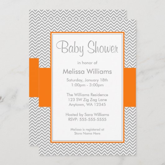 Oranje en grijze Chevron Baby Shower Invitaties Kaart (Voorkant / Achterkant)