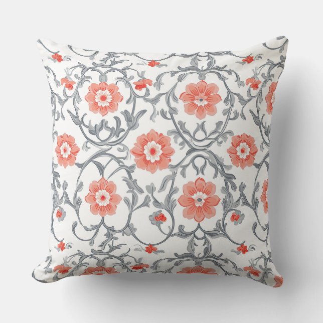 Oranje en Grijze Chinoiserie Bloemen Kussen (Voorkant)