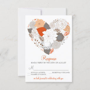 Oranje en grijze hartbloemen Huwelijks RSVP kaart